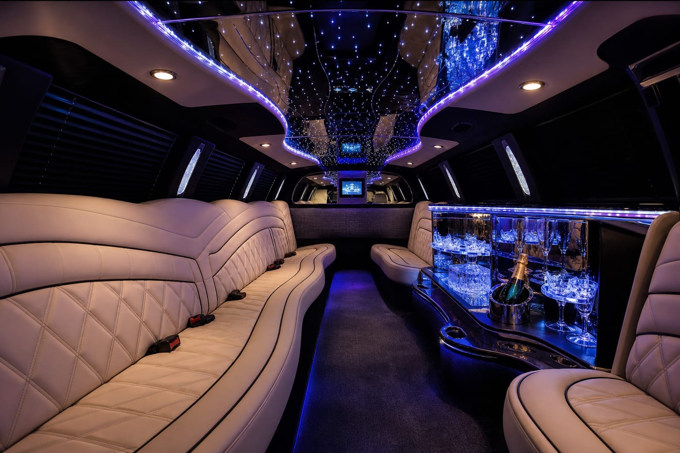 Interno di una limousine con luci sul soffitto e bar